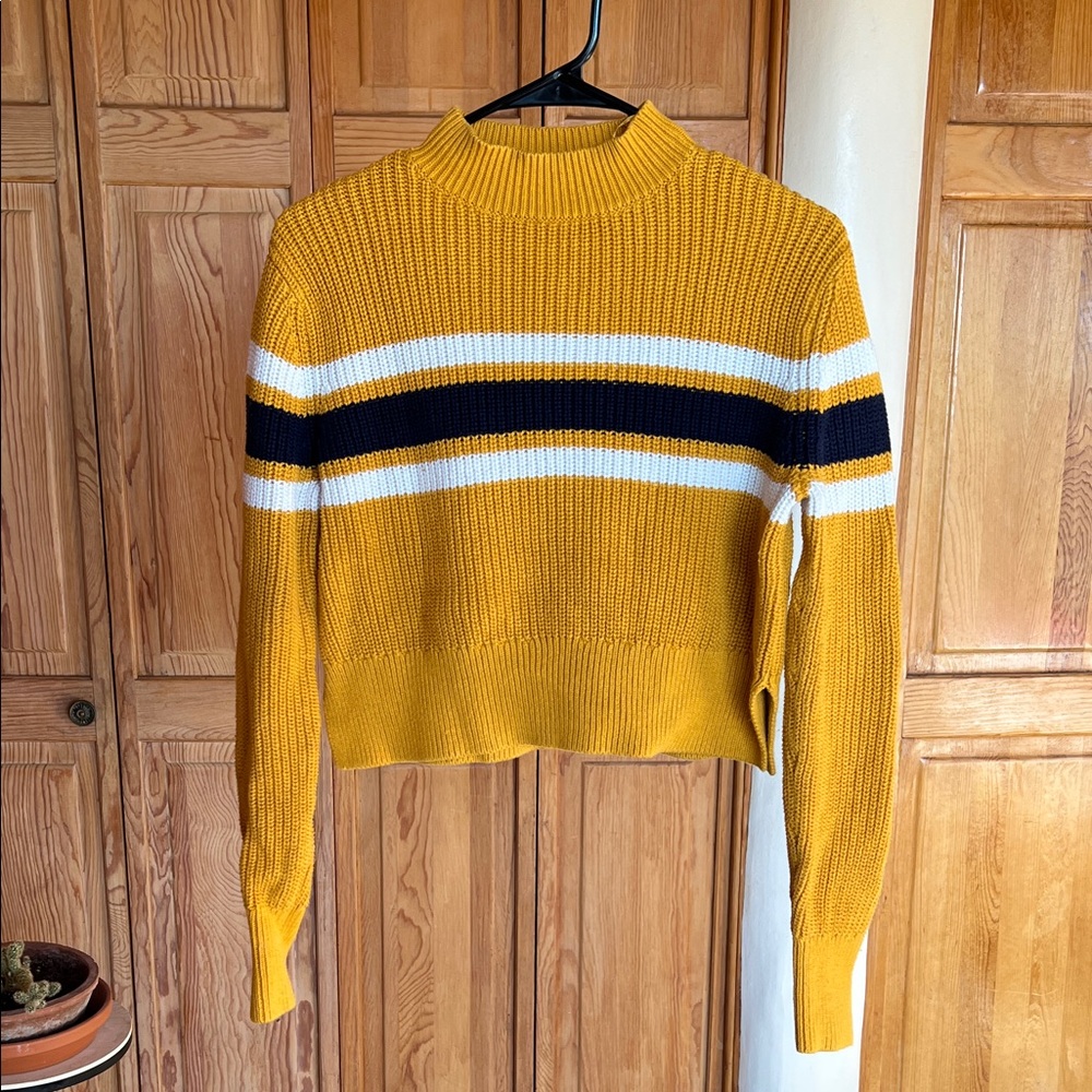 Lottie Moss - Mustard, Navy Blue, White Striped Turtleneck Sweater - Size S